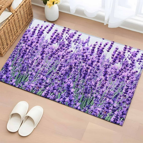 Lavender Botanical Art Bathroom Rug Washable 2x3 Entryway Rug Non Slip Verdant Flower Purple Front Door Mat Low Pile Indoor Doormat Throw Floor Carpet for Kitchen Bedroom Entrance