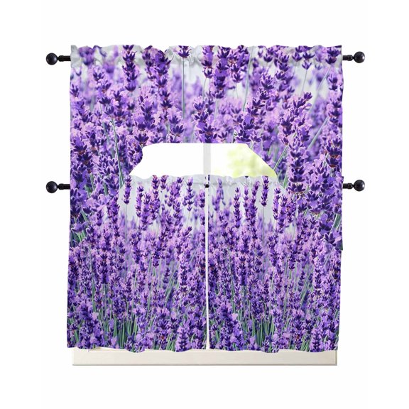 Lavender Botanical Art Kitchen Curtains Swag Valance and Tier Curtains Set 36 Inch Length, Verdant Flower Purple Rod Pocket Drape Panels Pair Swag Curtain for Bathroom/Cafe/Window