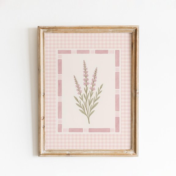 Lavender Botanical Gingham Border Wall Decor Unframed Paper Print