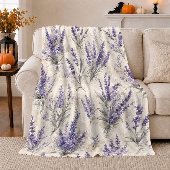 Lavender Bouquets And Botanical Sprigs for Vintage Botanical Enthusiasts, Vintage Washed Botanical Watercolor Home Decor for Living Room and Bedroom, Housewarming Gift and Cozy Flannel Blanket