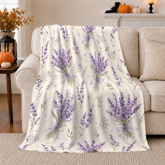 Lavender Bouquets With Lilac Bows, Cozy Flannel Blanket for Lavender Bouquet Enthusiasts, Romantic Botanical Watercolor Pattern Home Decor for Living Room and Bedroom, Mother's Day Gift