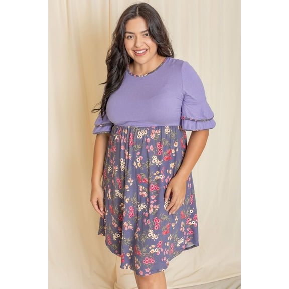 Lavender Branch Floral Double Ruffle Sleeve Midi Dress_Plus