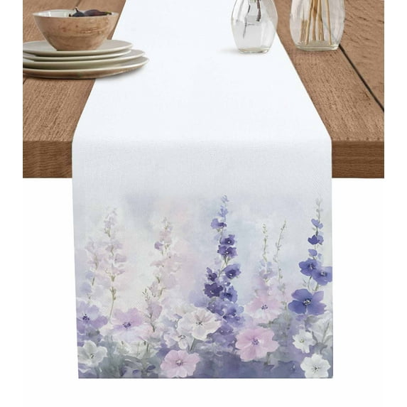 Lavender Burlap Cotton Table Runner 13x48 Inches Long, Pastoral Pastel Purple Pink Wildflower Farmhouse Table Runners, Outdoor Dining Tablecloths Decor for Baby Shower/Party/Wedding