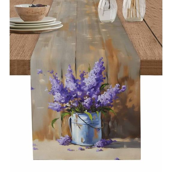 Lavender Burlap-Cotton Table Runner 72 Inches Long,Spring Floral Purple Watercolor Vintage Farmhouse Table Runners,Outdoor Dining Tablecloths Decor for Baby Shower Party Wedding 14x72
