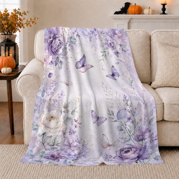 Lavender Butterflies Within A Delicate Floral Border, Soft Flannel Blanket with Delicate Floral Watercolor Print, Housewarming Gift and Home Decor for Bedroom and Living Room