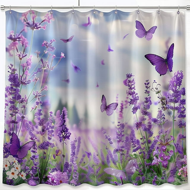 Lavender Butterfly Field Shower Curtain Purple Flower Bathroom Decor