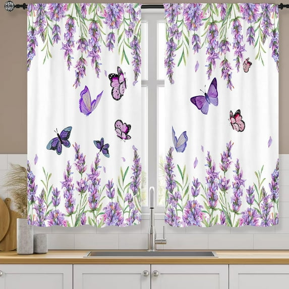 Lavender Butterfly Purple Liac Spring Kitchen Curtains Rod Pocket Vintage Country Small Short Cafe Tier Curtains Beige Window Drapes Treatment Home Decor(27.5W X 39L Inch 2 Panels)