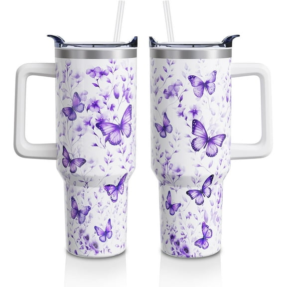 Lavender Butterfly Stainless Steel Tumbler 40oz with Handle and Straw - Insulated Water Bottle Cup for Women, Mom Gift