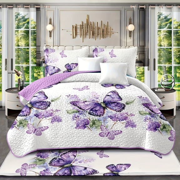 Lavender Butterfly Summer Quilt Set with 2 Pillowcases, Floral Print Breathable Bedding, Soft & Cool, Machine Washable – Perfect Wedding, Birthday, Christmas Gift
