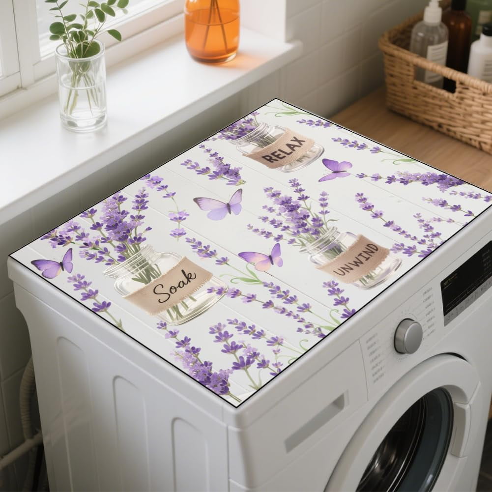 Lavender Butterfly Washing Machine Dust Cover Top Mat 23.6"x19.7" Glass Bottle Washer Dryer Dust Cover Mat Flower Washing Machine