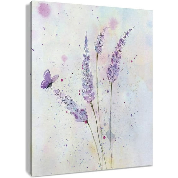 Lavender Canvas Wall Art Butterfly with Purple Flower Artwork Elegant Paintings for Living Room Bedroom Bathroom Wall Decor,Stretched and Framed Ready to Hang,12x16 inches