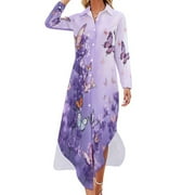 YHX66 Lavender Casual Dress V Neck Chiffon Dress Long Sleeve