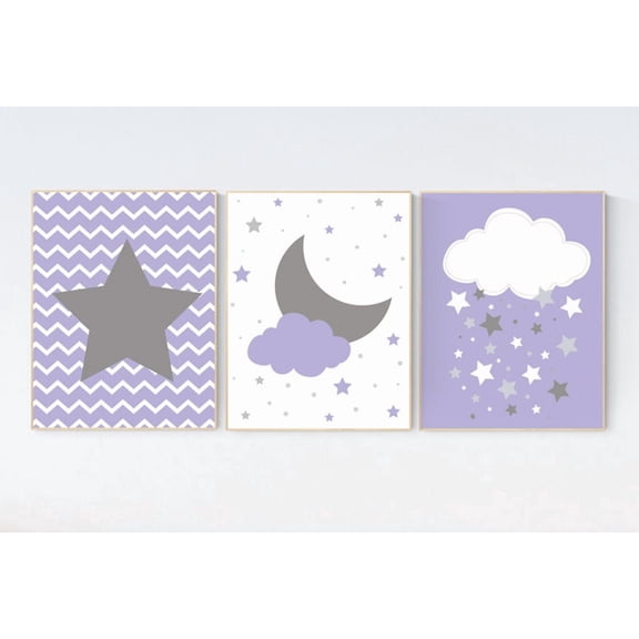 Lavender Cloud And Star Wall Art Prints, Baby, Girls Room, Nursery And Gallery Wall Decor