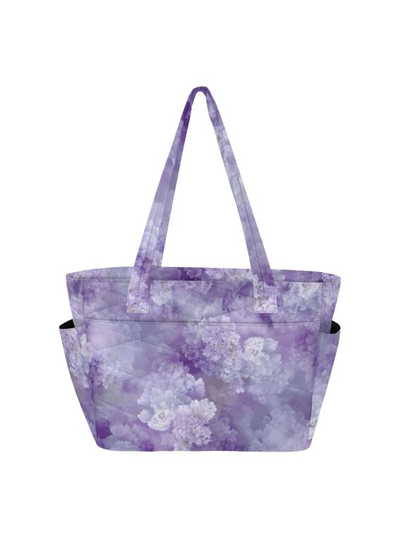Lavender Color Blooming Flowers Women's Quilted Tote HandBag Beach Bag Shoulder Bag with Luggage Strap 18L for Commute Gym Travel