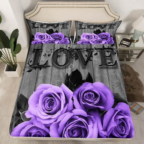 Lavender Color Rose Bed Sheets Twin Purple Black Grey Flower Fitted Sheet Women Couple Romantic Floral Bedding Set Retro Farmhouse Sheets Gifts For Valentine'S Day Wedding