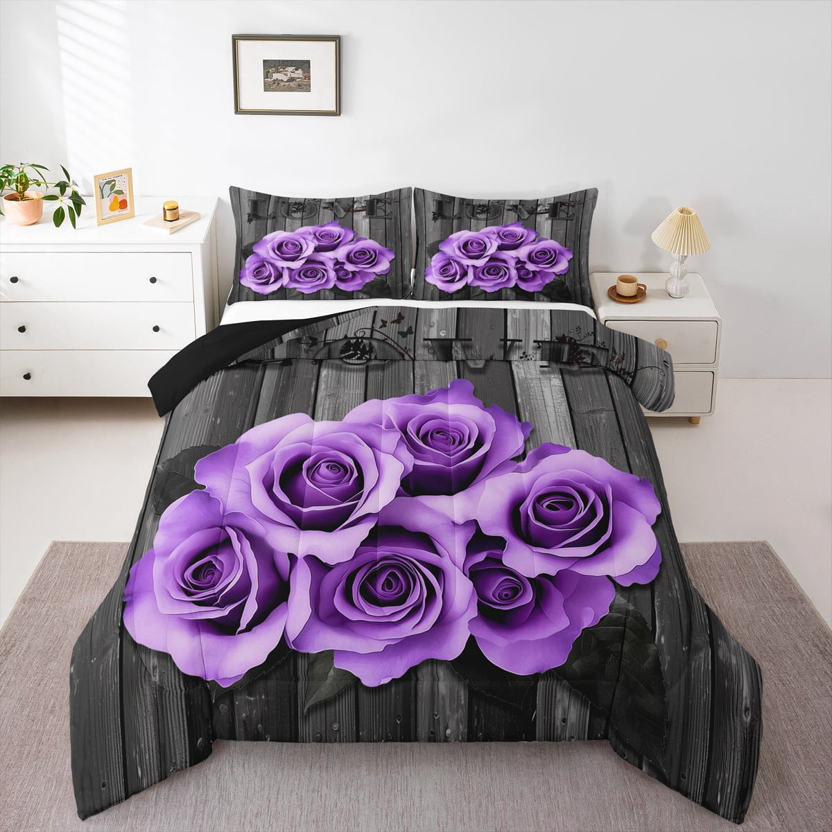 Lavender Color Rose Comforter Set Full Purple Black Grey Flower Bedding Set Women Couple Romantic Floral Down Comforter Retro Farmhouse Quilt Duvet Gifts For Valentine'S Day Wedding