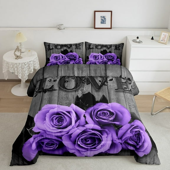 Lavender Color Rose Comforter Set Full Purple Black Grey Flower Bedding Set Women Couple Romantic Floral Down Comforter Retro Farmhouse Quilt Duvet Gifts For Valentine'S Day Wedding