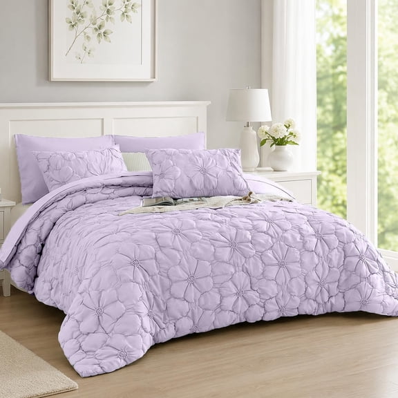 Lavender Comforter Set 7 count,Pinch Pleat Bed in a Bag with Sheets,Puffy Down Alternative Bed Comforter,Soft Microfiber Lightweight Comforter