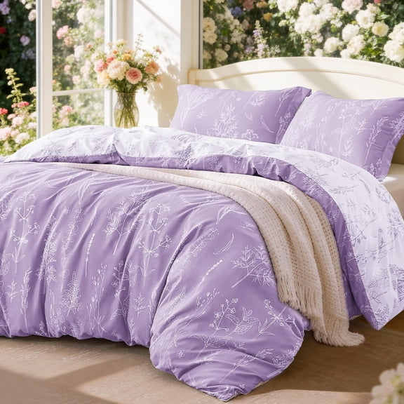 Lavender Comforter Set Queen - Queen Size Comforter Set, 3 Pieces Cute Floral Bedding Sets for All Seasons,1 Soft Reversible Botanical Flowers Comforter and 2 Pillow Shams