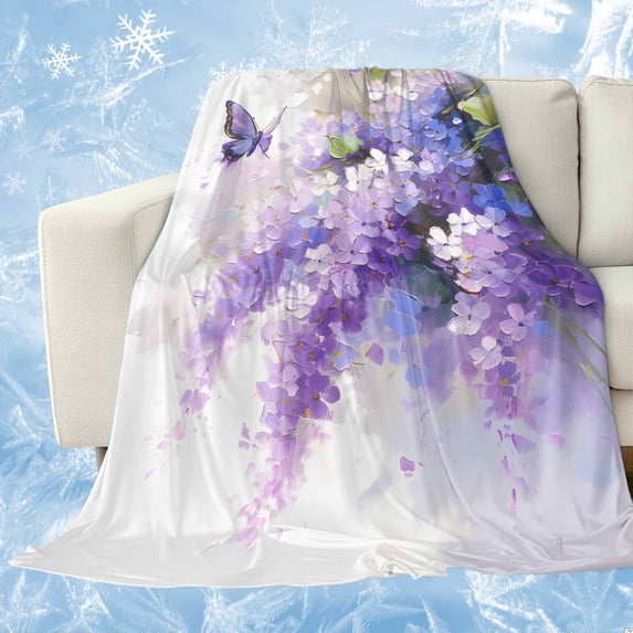 Lavender Cooling Blanket,Lightweight Summer Throw Blanket with Double Sided Cold Effect,Watercolor Purple White Floral Botanical Butterfly Picnic Blankets Bed Sheet for Hot Sleepers 40"x60"