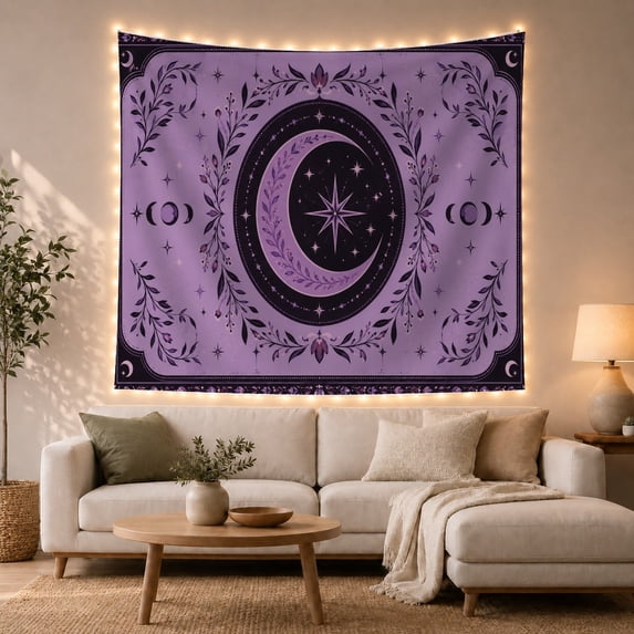 Lavender Crescent Moon and Starburst on Dark Oval Frame, Mystical Gothic for Astronomy Fans, Celestial Art Decor, Halloween Gift, Tapestry Wall Hanging for Bedroom and Living Room