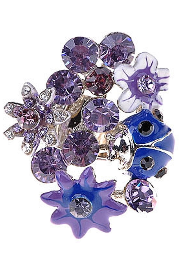 Lavender Crystal Rhinestone Purple Flower Bouquet Cluster Ladybug Adjust Ring