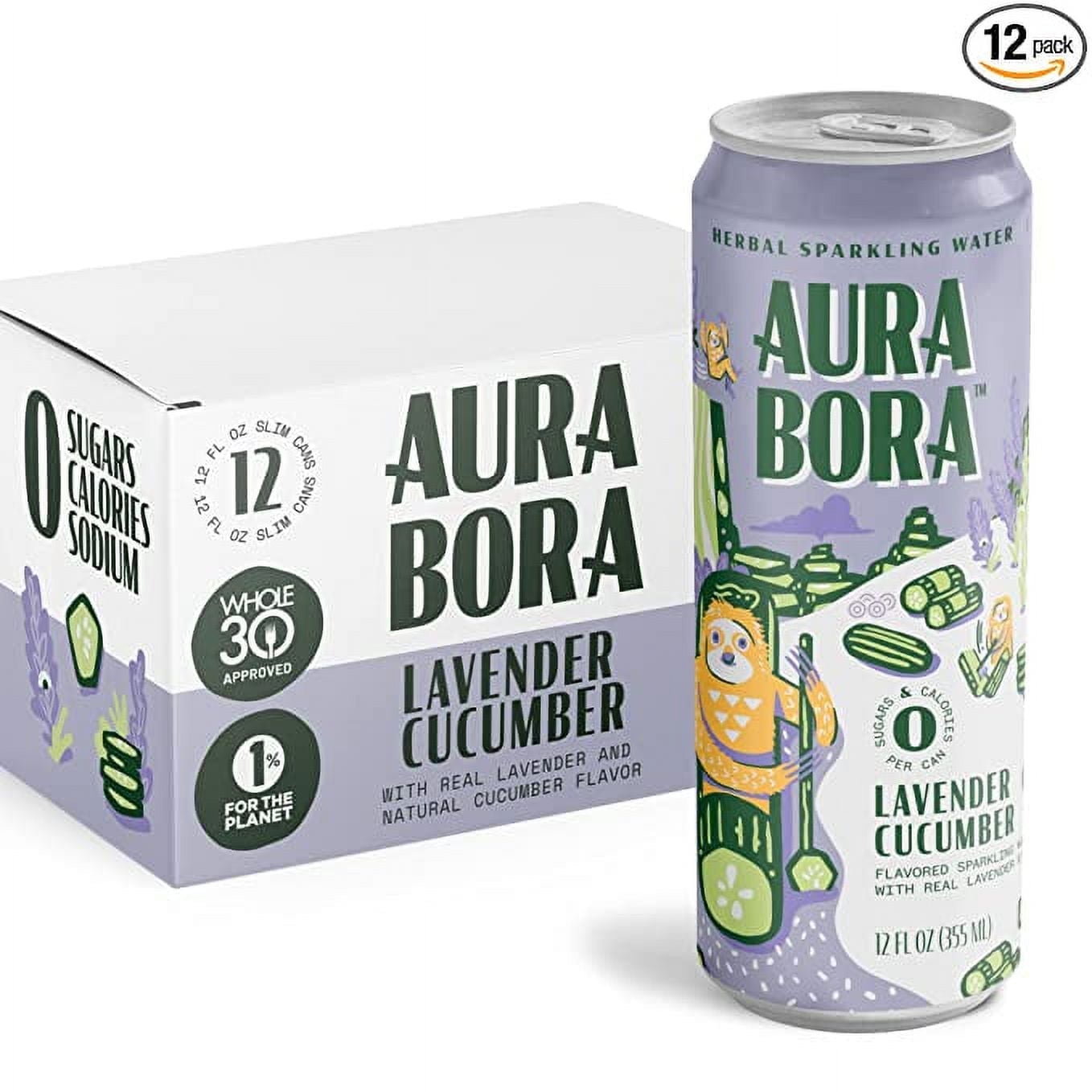 Lavender Cucumber Herbal Sparkling Water by Aura Bora,12 oz Can (Pack of 12), 0 Calories, 0 Sugar, 0 Sodium, Non-GMO Lavender Cucumber 12 Fl Oz (Pack of 12)