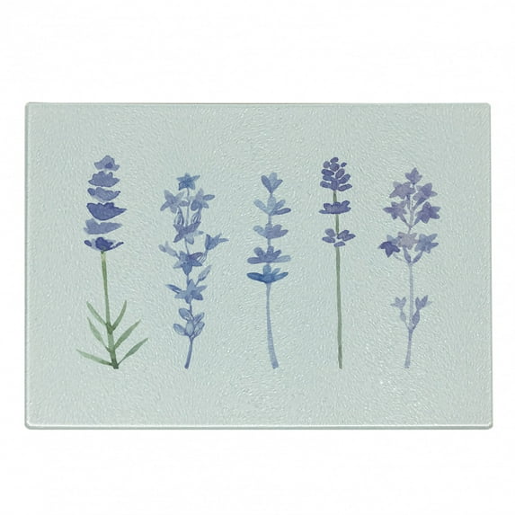 Lavender Cutting Board, Watercolor Florist Art Style Herbs Fresh Rural Field Gardening Theme, Decorative Tempered Glass Cutting and Serving Board, Small Size, Lavender Lilac and Green, by Ambesonne