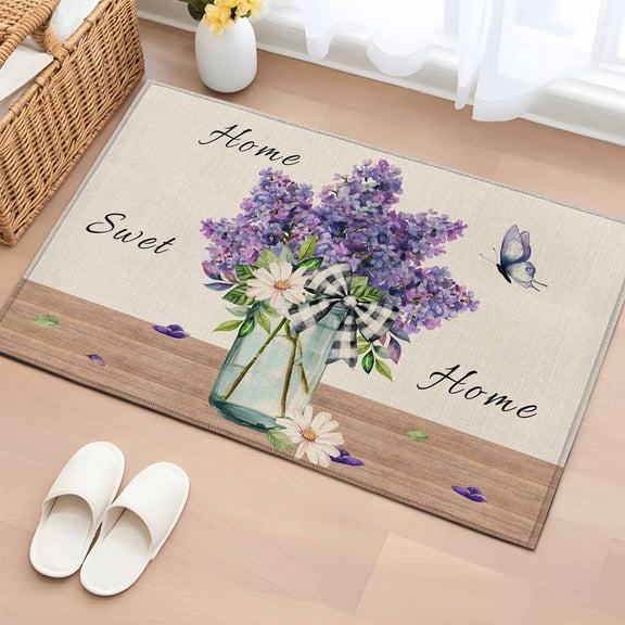 Lavender Daisy 2'x3' Rug for Entryway Front Door Kitchen Sink Area, Watercolors Purple Lavenders Butterfly Linen Texture Low Pile Non Slip Rectangle Area Rug, Machine Washable Indoor Outdoor Mat