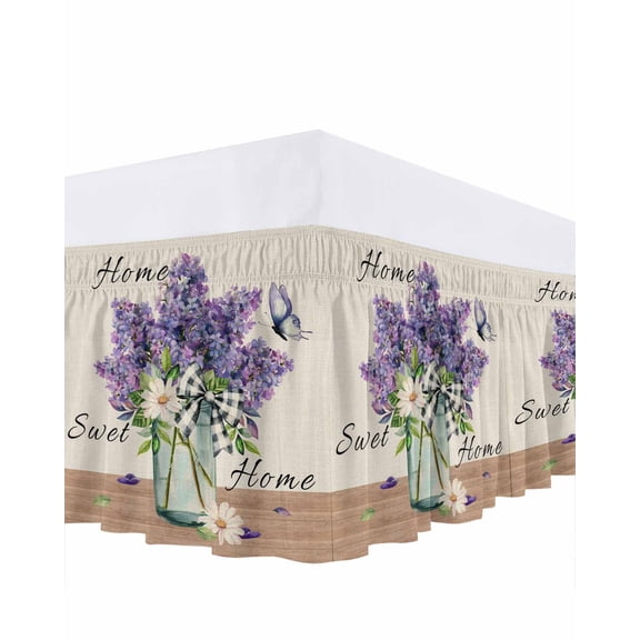 Lavender Daisy Bed Skirt Queen Size 16 Inch Drop, Watercolors Purple Lavenders Butterfly Linen Texture Adjustable Elastic Dust Ruffles Bedskirt for Queen Bed Wrap Around Pleated Mattress Frame Cover