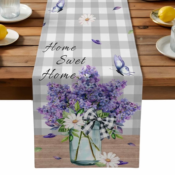 Lavender Daisy Table Runner, Watercolors Purple Lavenders Butterfly Grey Plaid Washable Kitchen Table Runners Dress Scarves for Dining Table Decorations Party, 13x108in