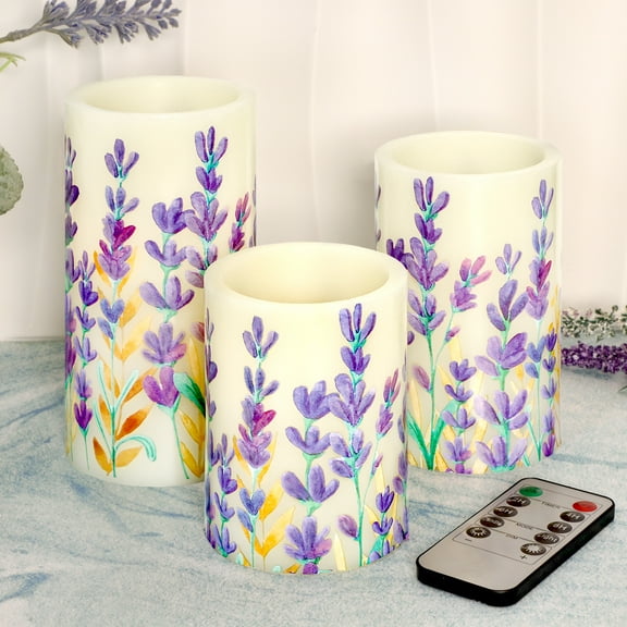 Lavender Decor Battery Flameless Led Candles - Home Bedroom Party Botanical Holiday Valentine's Day Decor - Set of 3