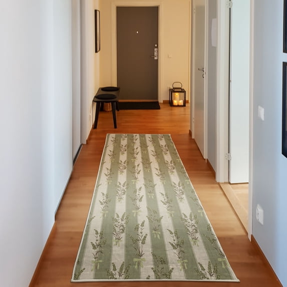 Lavender Decorative Rug, Stripes and Flowers Ribbons Romantic Country Spring Season Inspired Design Art, Quality Carpet for Bedroom Dorm and Living Room, 6 Sizes, Avocado Green, by Ambesonne