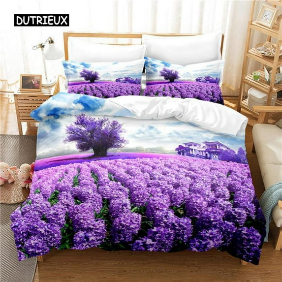 Lavender Duvet Cover Set King Size Purple Flower Romantic and Beautiful Bedding Set for Women 2/3pcs Polyester Quilt Cover