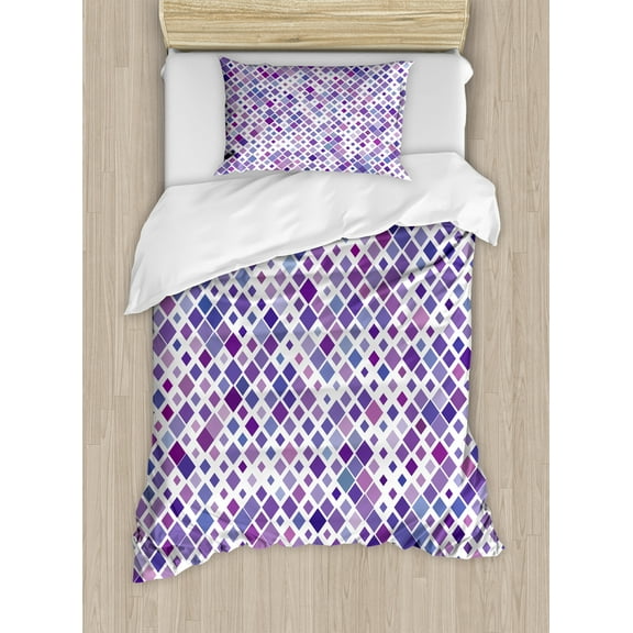 Lavender Duvet Cover Set, Retro Mosaic Creative Pattern Square Rhythm Abstract Art Print Design, Decorative 2 Piece Bedding Set with 1 Pillow Shams, Twin Size, Violet Purple White, by Ambesonne