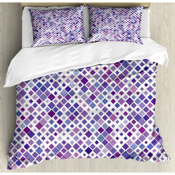 Lavender Duvet Cover Set, Retro Mosaic Creative Pattern Square Rhythm Abstract Art Print Design, Decorative 3 Piece Bedding Set with 2 Pillow Shams, Calking Size, Violet Purple White, by Ambesonne