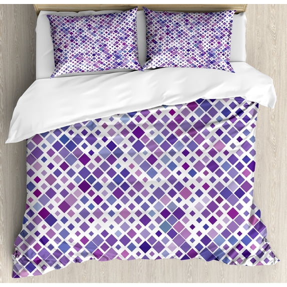 Lavender Duvet Cover Set, Retro Mosaic Creative Pattern Square Rhythm Abstract Art Print Design, Decorative 3 Piece Bedding Set with 2 Pillow Shams, Queen Size, Violet Purple White, by Ambesonne