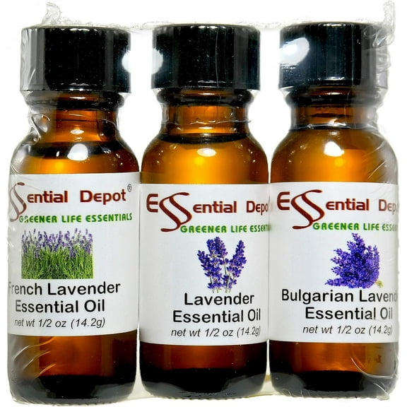 Lavender Essential Oil Sample Pack 3 Essential Oils - Lavender, French Lavender, Bulgarian Lavender - .5 oz net wt per container - safety sealed amber glass bottle with resealable phenolic cone cap