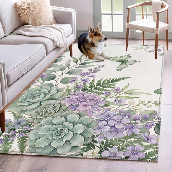Lavender Eucalyptus Area Rugs 3x5 ft Ferns Leaf Succulents Green Butterfly Washable Rug Non Slip Indoor Carpet Absorbent Floor Mat for Living Room Bedroom Dining Room