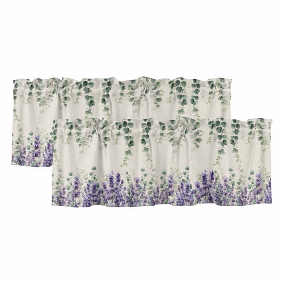 Lavender Eucalyptus Curtain Valances for Windows, Kitchen Valance Window Treatments Panel 2 Pack, Retro Country Botanical Flowers Leaves Rod Pocket Short Curtains for Bathroom Bedroom 42 x 12 Inch