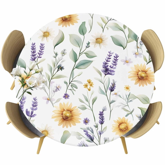 Lavender Eucalyptus Round Tablecloth 36-44 Inch Round Fitted Table Cloth with Elastic Edge, Sage Green Purple Sunflower Leaf Waterproof Table Cover Protector for Outdoor Picnic Party Dining