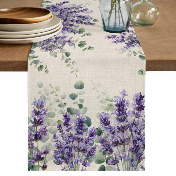Lavender Eucalyptus Table Runner 90 Inches, Retro Country Botanical Flowers Leaves Bed Runner Dresser Scarves Tabletop for Indoor Outdoor Parties/Ceremony/Banquet, 13" x 90"