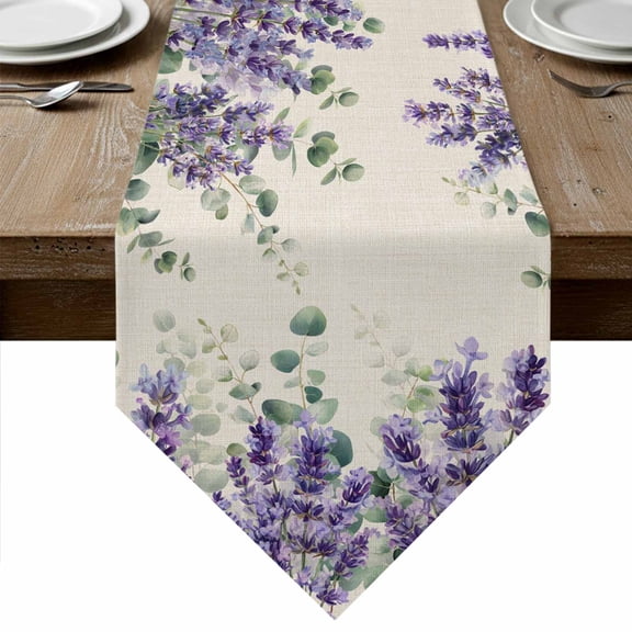 Lavender Eucalyptus Table Runner Linen Burlap Table Runner 48 Inches Long Retro Country Botanical Flowers Leaves Dresser Scarves for Kitchen Island Coffee Dining Party Wedding Holiday Decor 13"x48"