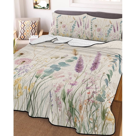 Lavender Eucalyptus Twin Size Down Alternative Comforter, Lightweight Comforter Quilt Bedding Set with Pillow Shams Pastoral Spring Leaves Flowers All Seasons Bed Comforter Duvet Insert 68"x86"
