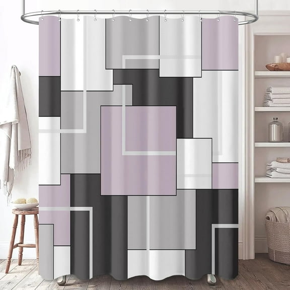 Lavender Fabric Shower Curtain, Modern Geometric Cloth Shower Curtain Set with Hook, Weighted Hem, White Black Grey Decorative Waterproof Shower Curtain for Bathroom 36"W x 72"L (Pack of 1)
