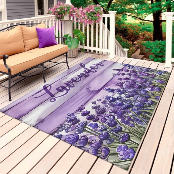 Lavender Farmhouse Outdoor Rug for Patio/Deck/Porch, Non-Slip Large Area Rug 5 x 7 Ft, Purple Wooden Grain Indoor Outdoor Rugs Washable Area Rugs, Reversible Camping Rug Carpet Runner