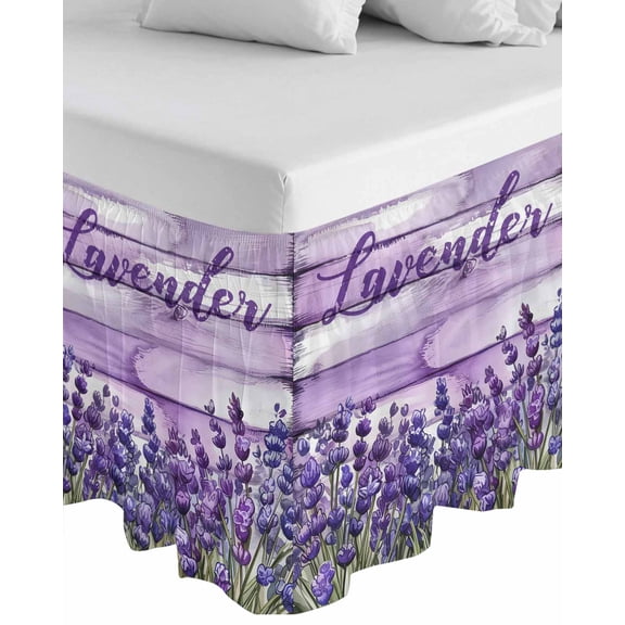 Lavender Farmhouse Wrap Around Bed Skirts for King Bed 18" Drop, Bed Skirt with Adjustable Elastic Belt Dust Ruffle Bed Valance for Bedroom Hotel Luxury Purple Wooden Grain Bed Frame Cover