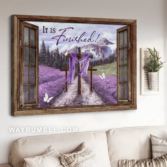 Lavender Field Beautiful Forest Cross Drawing It Is Finished - Jesus Landscape Poster Prints Christian Wall Art
