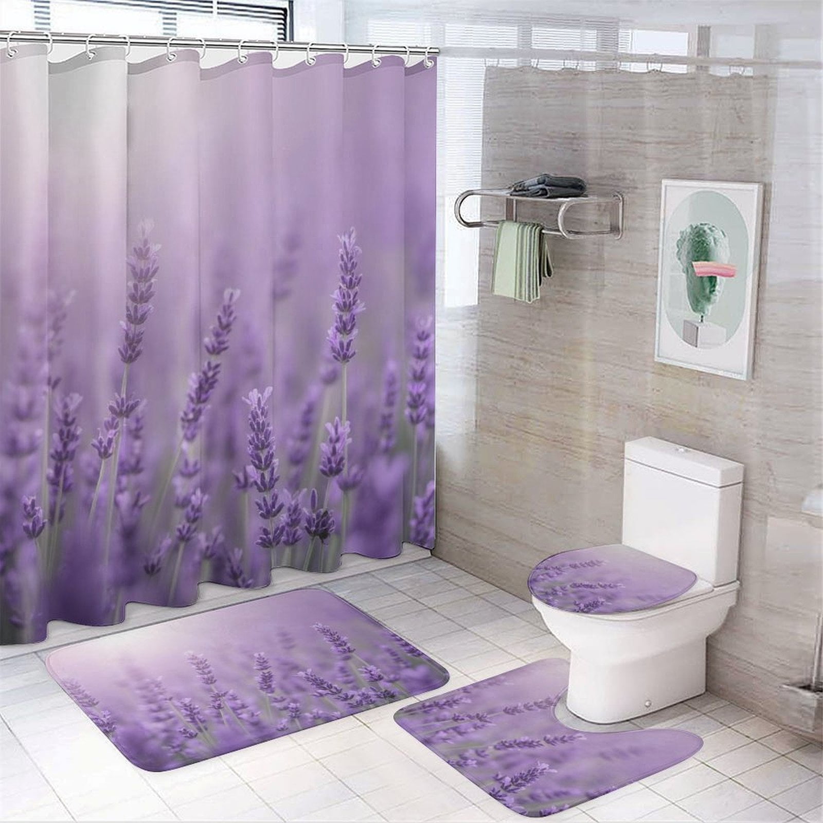 Lavender Field Bloom Shower Curtain Set Modern Bathroom Decor Mats 4pcs Fabric Bathroom Curtain Slip Floor Rug Toilet Lid