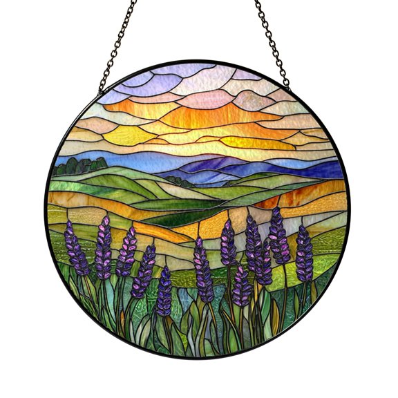 Lavender Field Glass Suncatcher Round Window Hanging, Purple Sunset Landscape Design, Nature Inspired Home Decor
